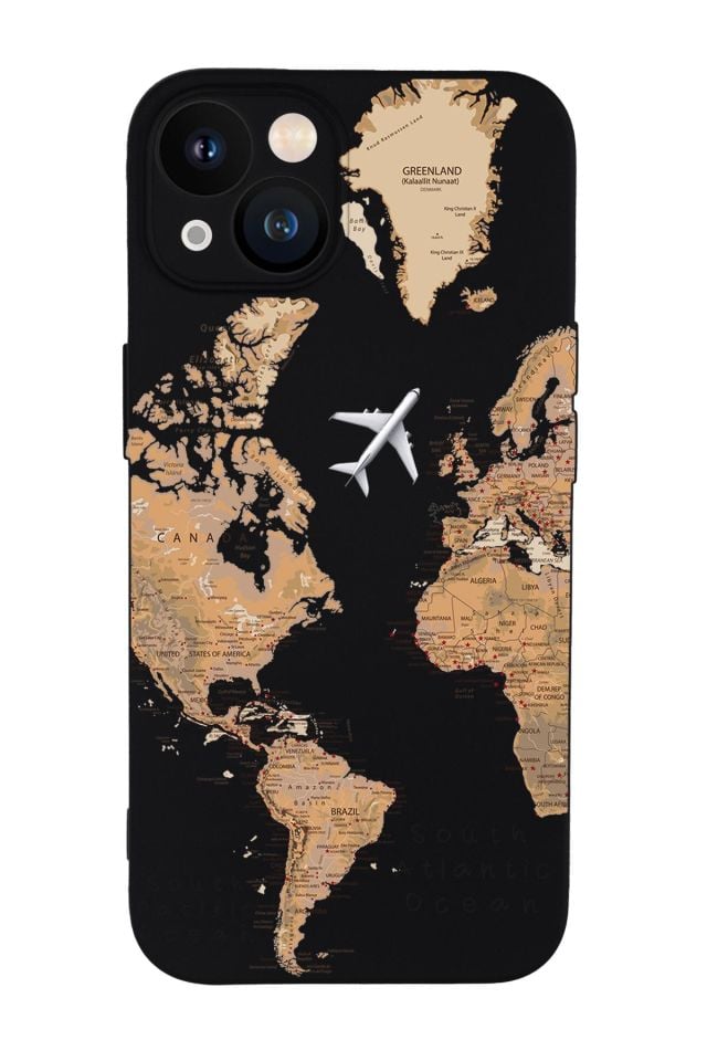 iPhone 13 Uyumlu Dünya Harita Desenli Kamera Lens Korumalı Darbe Emici Silikonlu Lansman Kılıf
