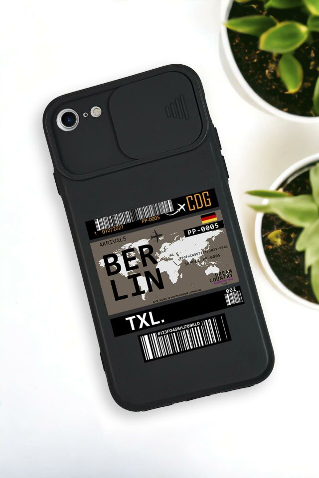 iPhone 6 Plus Uyumlu Berlin Ticket Desenli Kamera Koruma Slider Kapaklı Silikonlu Telefon Kılıfı