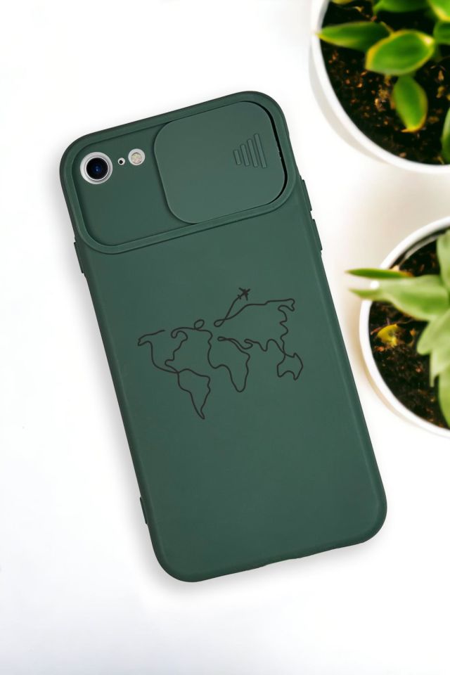 iPhone 6 Plus Uyumlu Dünya Harita Desenli Kamera Koruma Slider Kapaklı Silikonlu Telefon Kılıfı