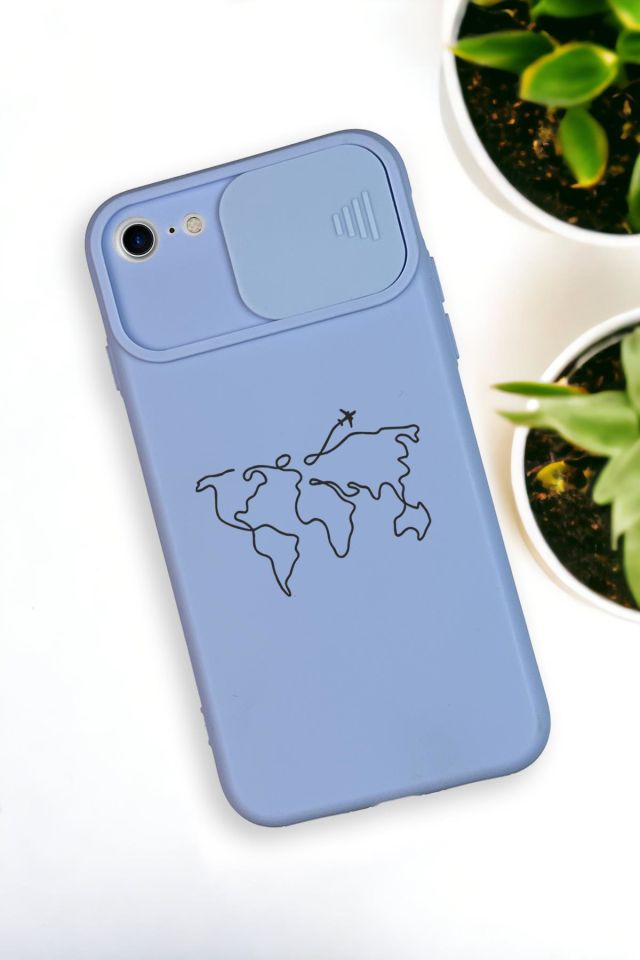 iPhone 6 Plus Uyumlu Dünya Harita Desenli Kamera Koruma Slider Kapaklı Silikonlu Telefon Kılıfı