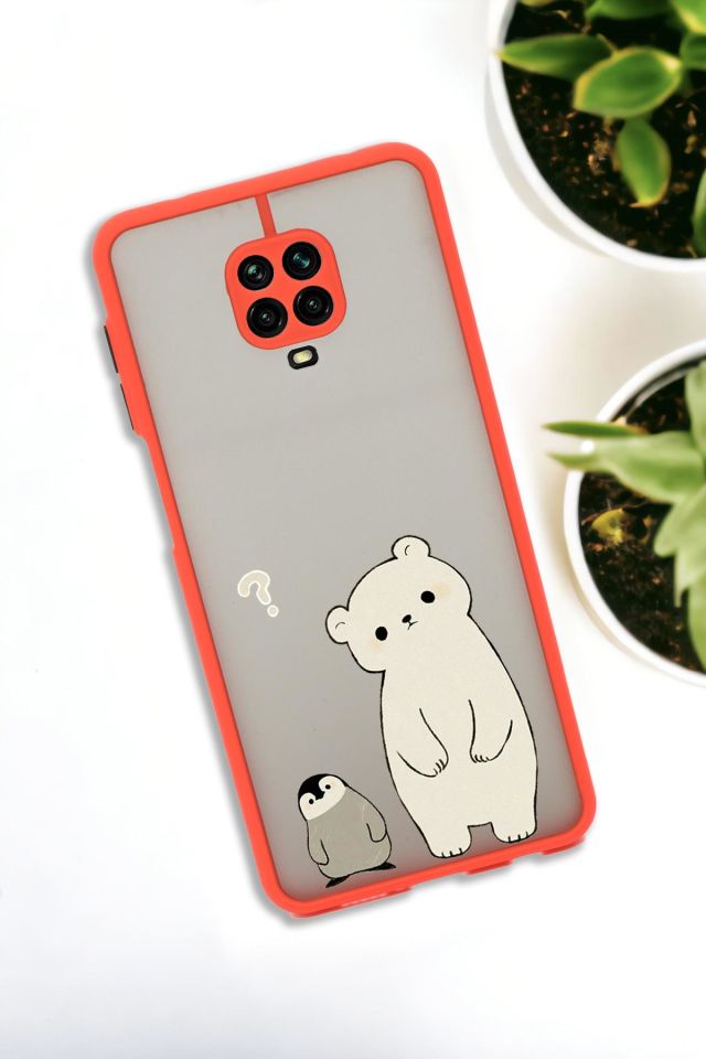 Xiaomi Redmi Note 9 Pro Uyumlu Penguen ve Ayıcık Desenli Buzlu Şeffaf Lüx Telefon Kılıfı