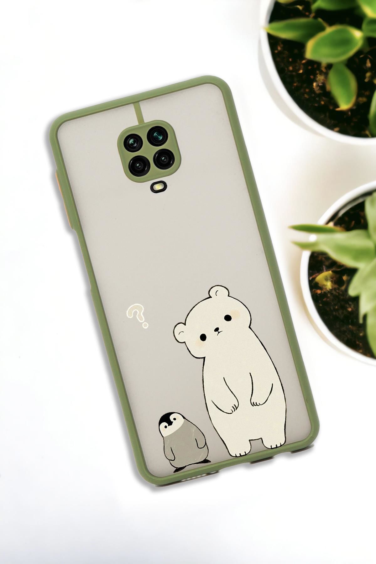 Xiaomi Redmi Note 9 Pro Uyumlu Penguen ve Ayıcık Desenli Buzlu Şeffaf Lüx Telefon Kılıfı