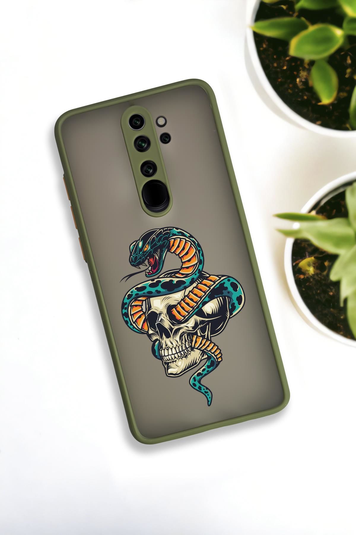 Xiaomi Redmi Note 8 Pro Uyumlu Skull & Snake Desenli Buzlu Şeffaf Lüx Telefon Kılıfı