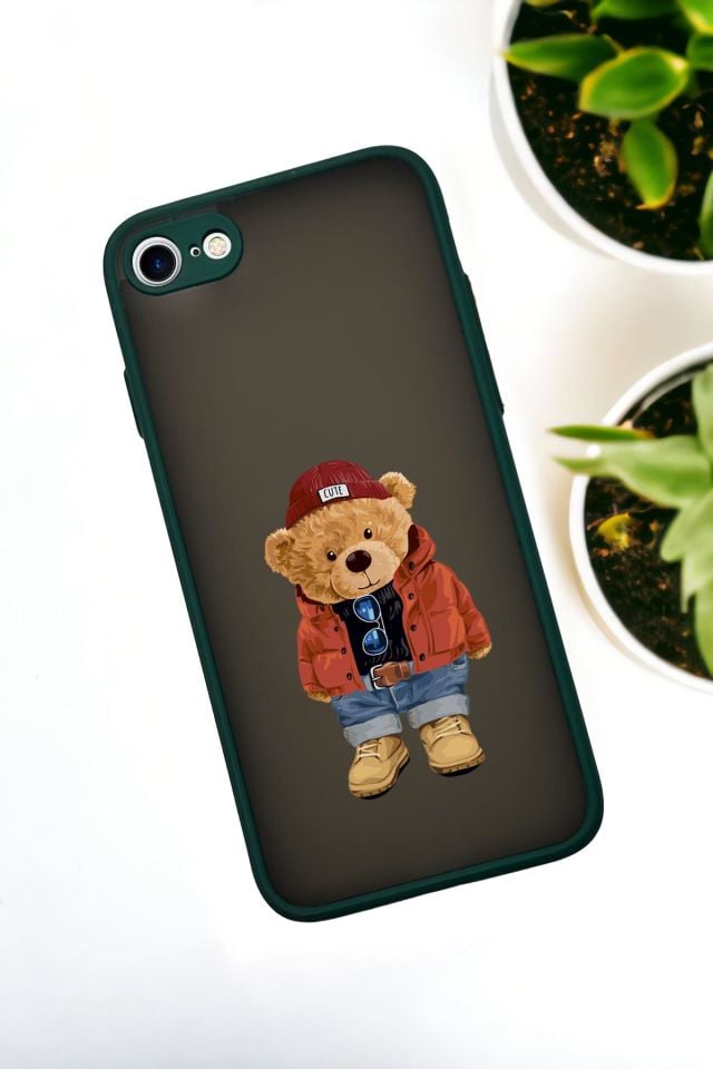 iPhone 7 Uyumlu Teddy Bear Desenli Buzlu Şeffaf Lüx Telefon Kılıfı