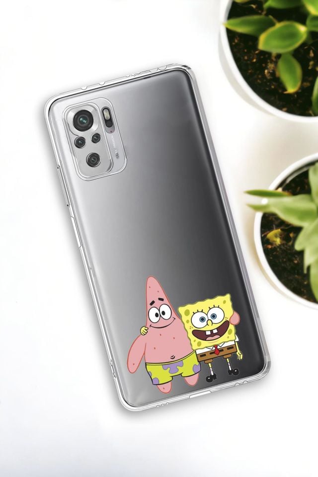 Xiaomi Redmi Note 10 Uyumlu Sünger Bob ve Patrick Star Desenli Premium Silikonlu Şeffaf Telefon Kılıfı