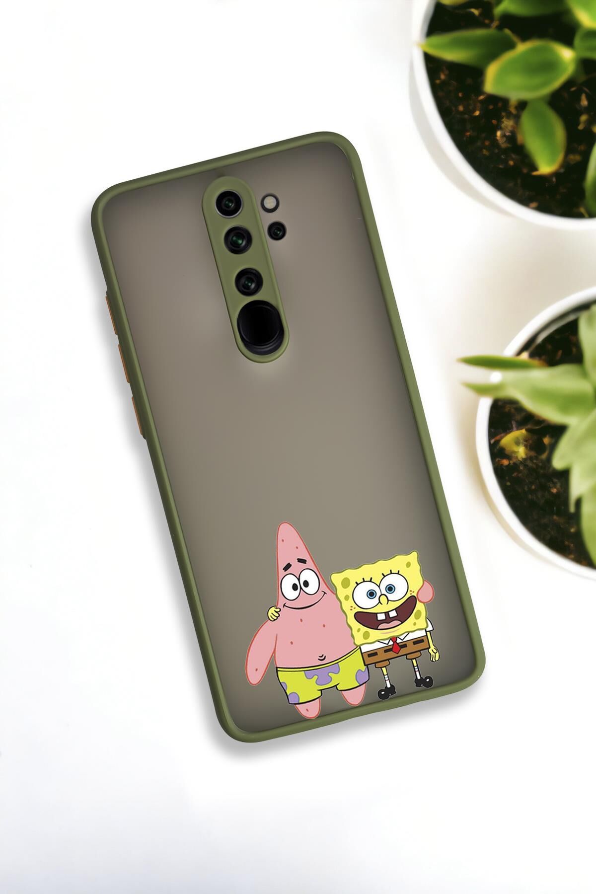 Xiaomi Redmi Note 8 Pro Uyumlu Sünger Bob ve Patrick Star Desenli Buzlu Şeffaf Lüx Telefon Kılıfı