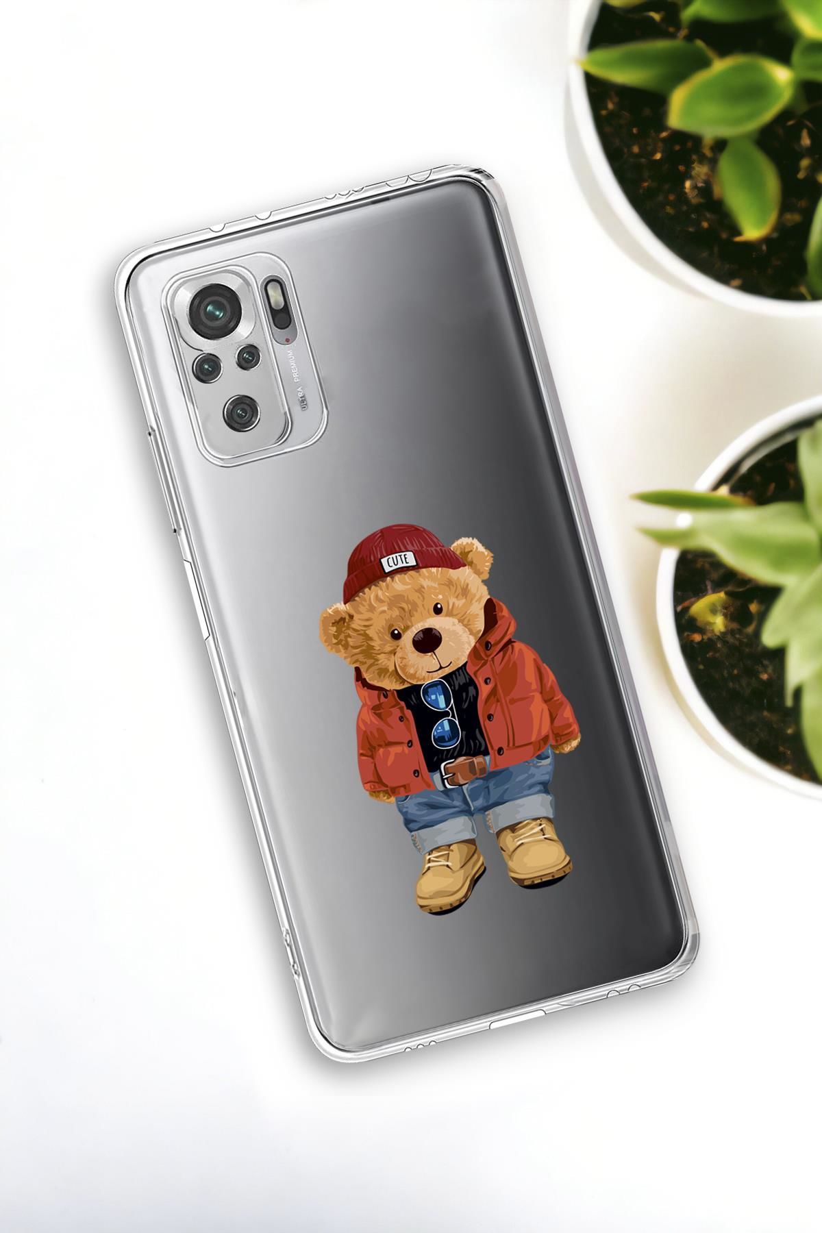 Xiaomi Redmi Note 10 Uyumlu Teddy Bear Desenli Premium Silikonlu Şeffaf Telefon Kılıfı