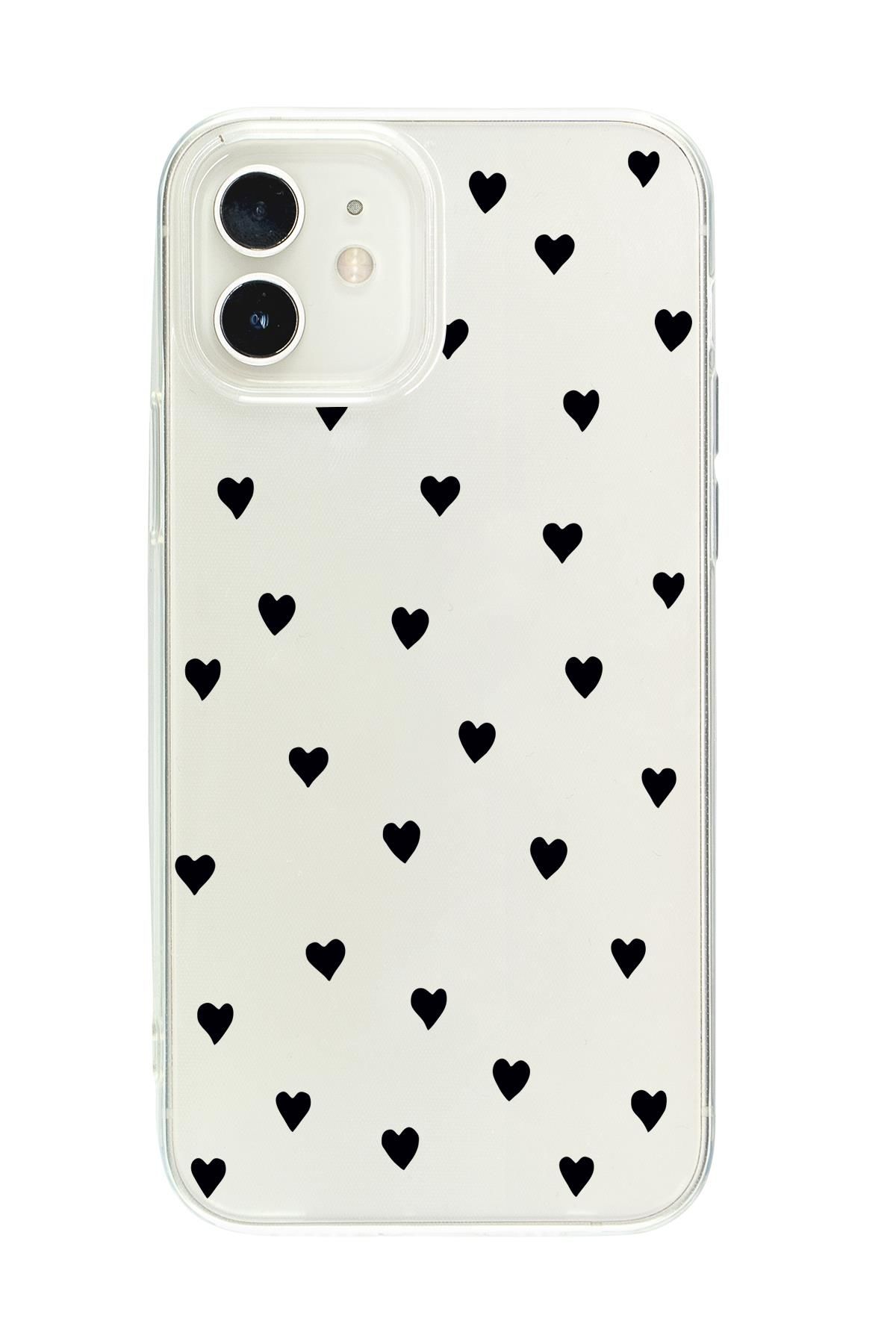 iPhone 12 Uyumlu Siyah Kalpler Premium Şeffaf Silikon Kılıf