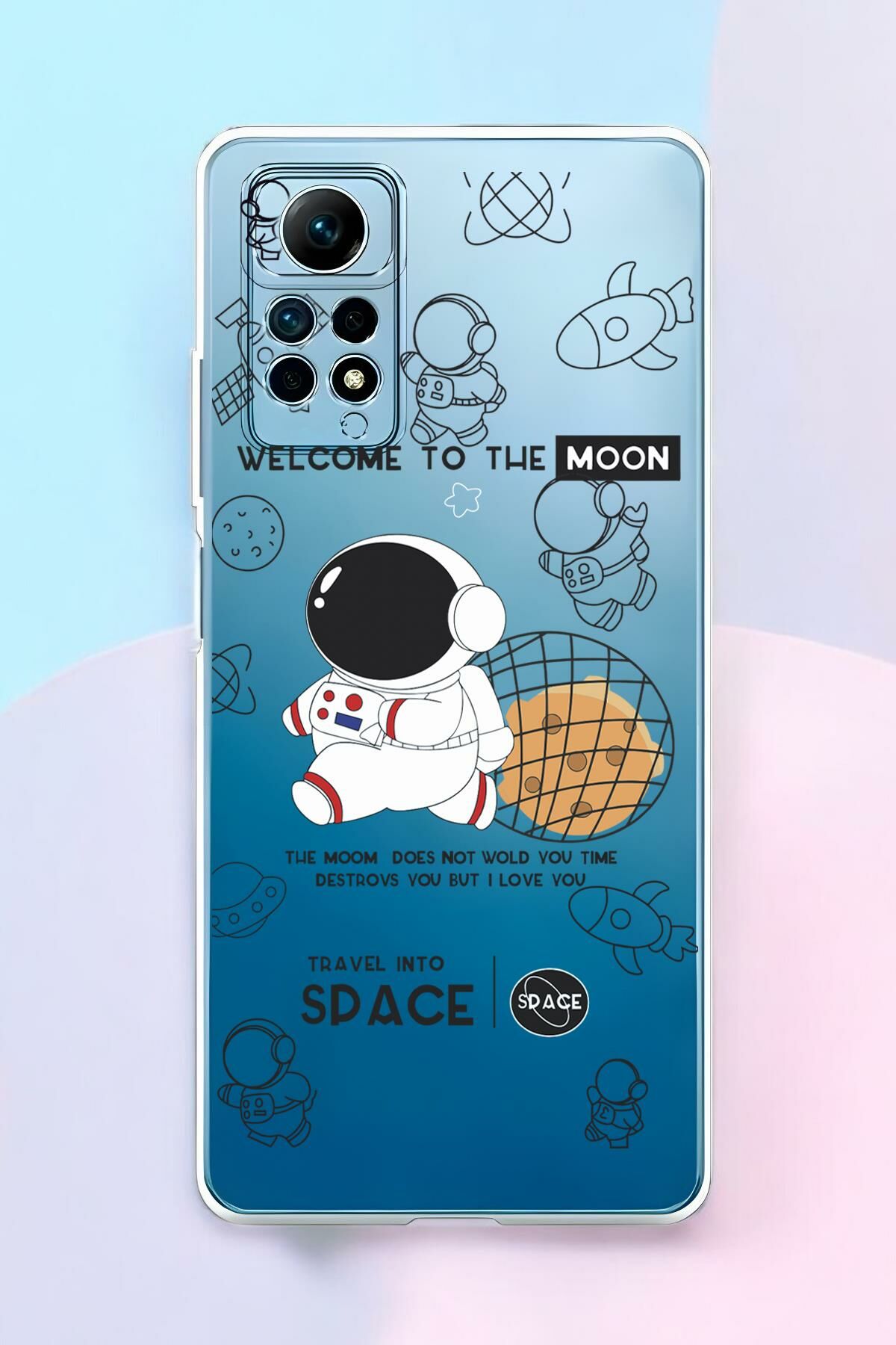 Redmi Note 12 Pro Uyumlu Sevimli Astronot Desenli Premium Silikonlu Şeffaf Telefon Kılıfı