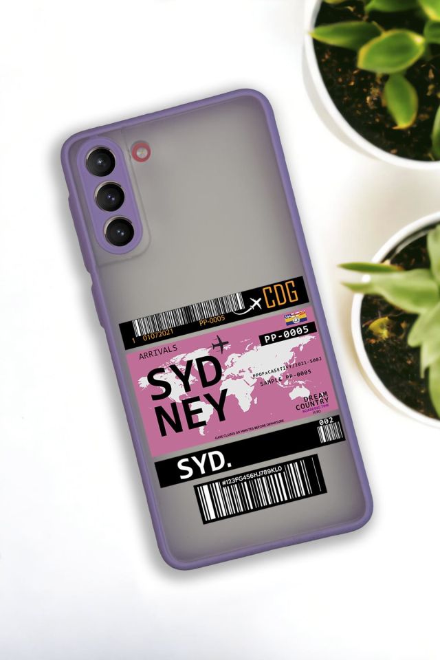 Samsung S21 Plus Uyumlu Sydney Ticket Desenli Buzlu Şeffaf Lüx Telefon Kılıfı