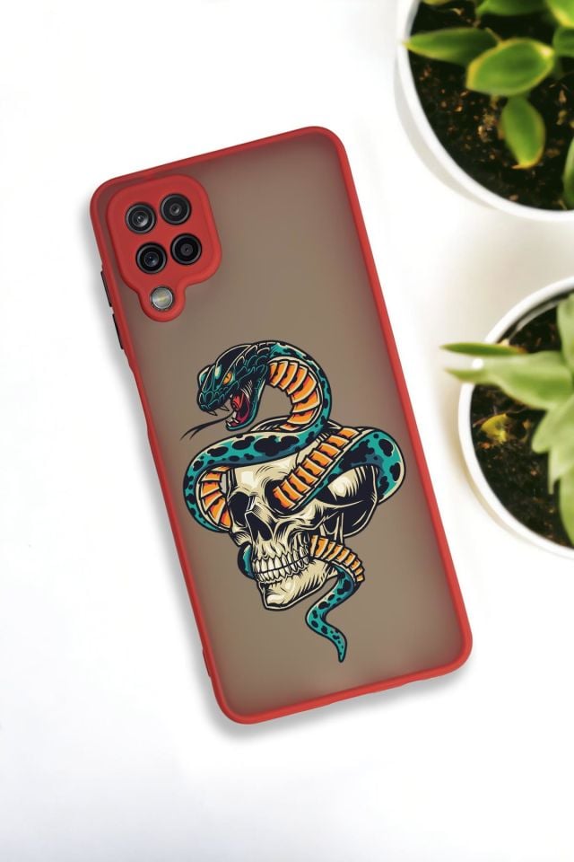 Samsung A12 Uyumlu Skull & Snake Desenli Buzlu Şeffaf Lüx Telefon Kılıfı