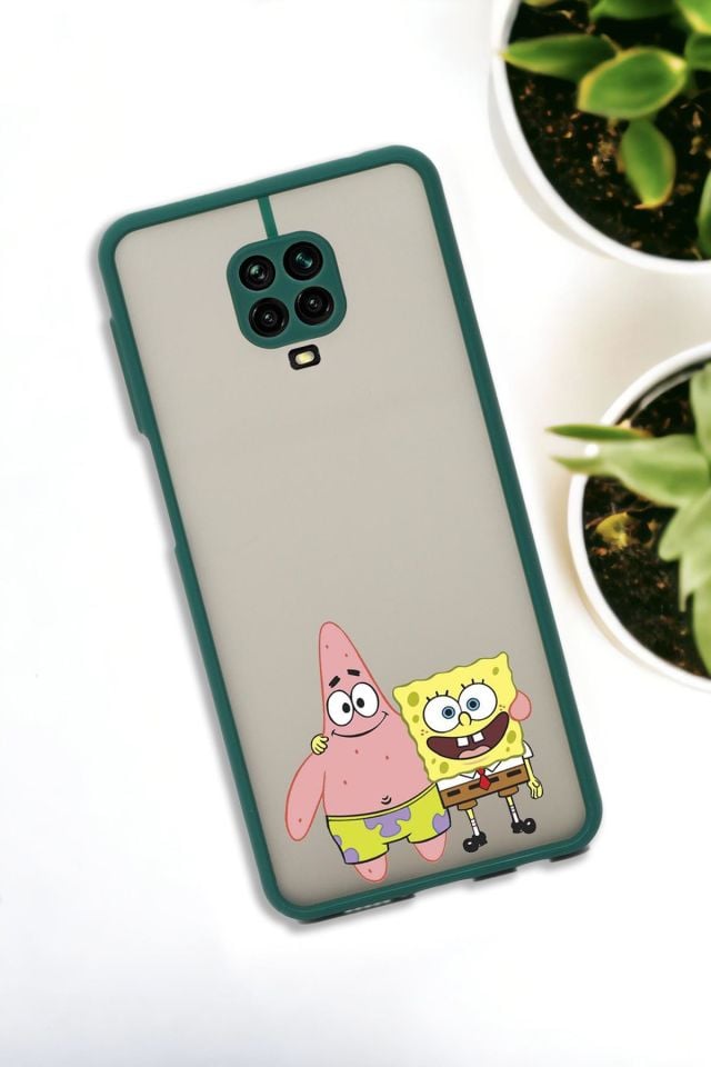 Xiaomi Redmi Note 9 Pro Uyumlu Sünger Bob ve Patrick Star Desenli Buzlu Şeffaf Lüx Telefon Kılıfı