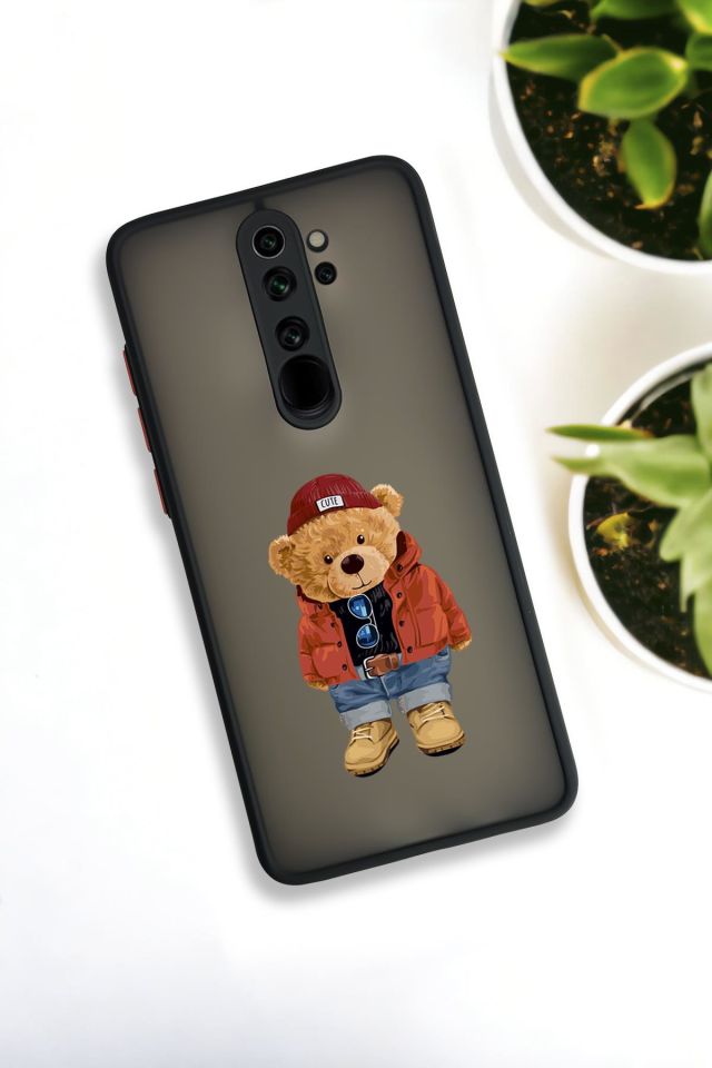 Xiaomi Redmi Note 8 Pro Uyumlu Teddy Bear Desenli Buzlu Şeffaf Lüx Telefon Kılıfı