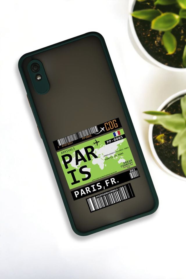 Xiaomi Redmi 9A Uyumlu Paris Ticket Desenli Buzlu Şeffaf Lüx Telefon Kılıfı