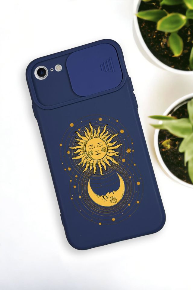 iPhone 6 Plus Uyumlu Moon and Sun Desenli Kamera Koruma Slider Kapaklı Silikonlu Telefon Kılıfı