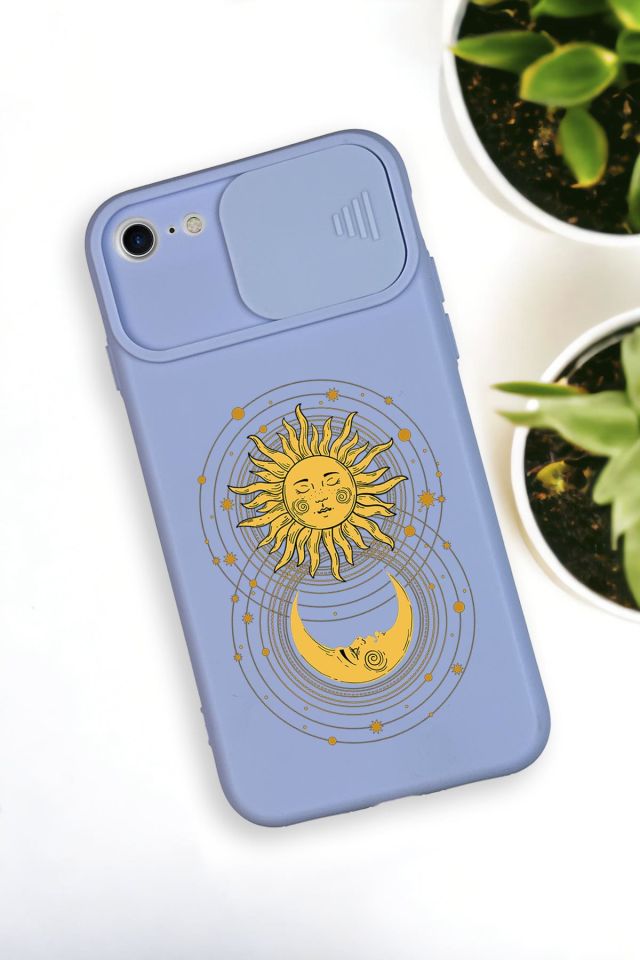 iPhone 6 Plus Uyumlu Moon and Sun Desenli Kamera Koruma Slider Kapaklı Silikonlu Telefon Kılıfı