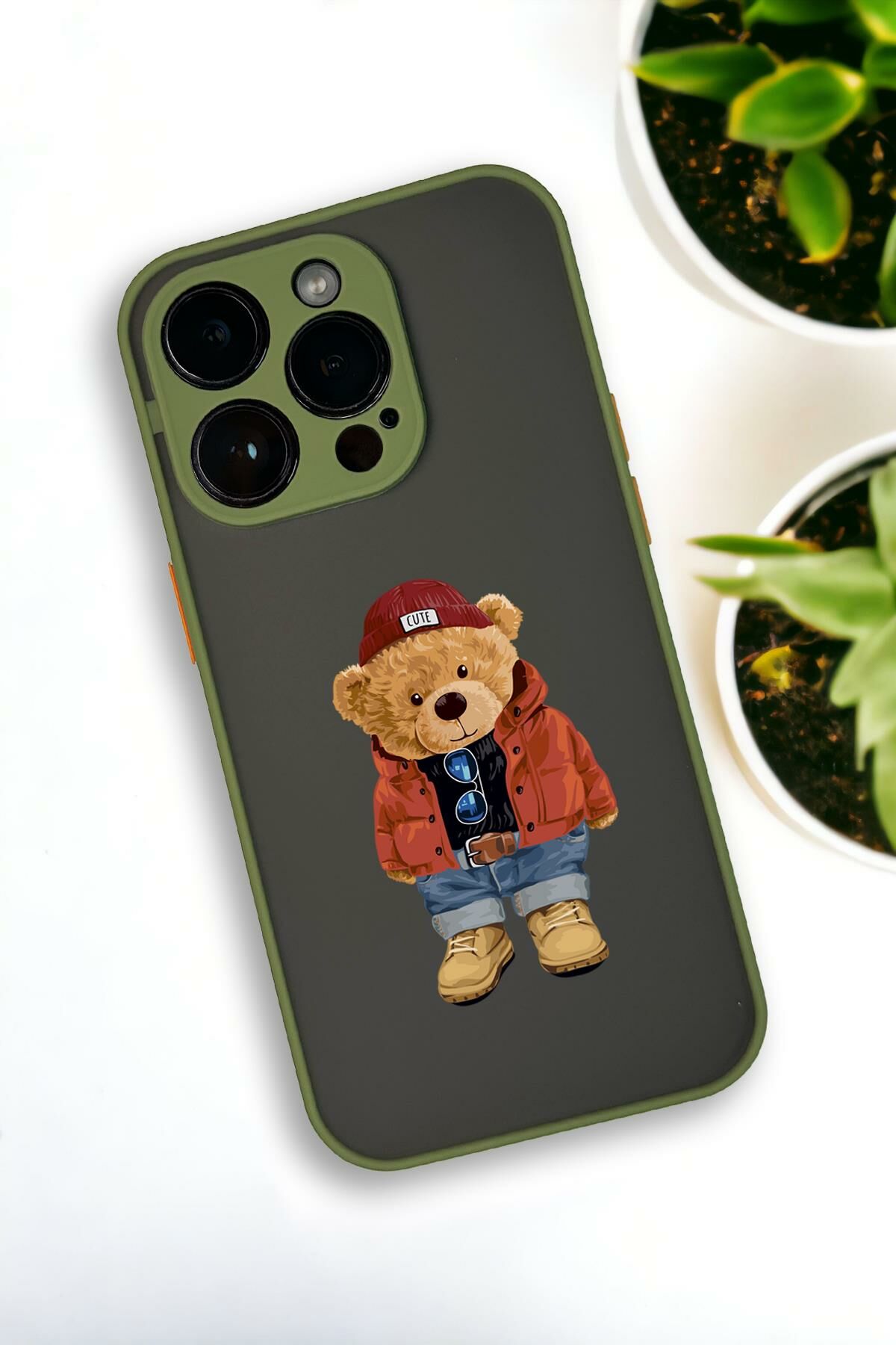 iPhone 14 Pro Uyumlu Teddy Bear Desenli Buzlu Şeffaf Lüx Telefon Kılıfı