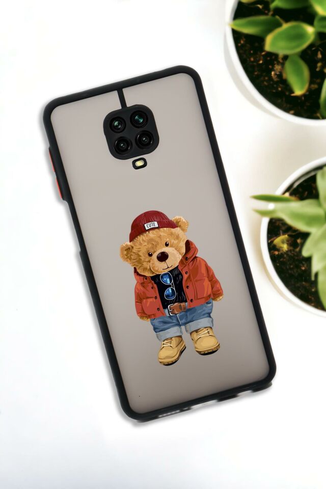 Xiaomi Redmi Note 9 Pro Uyumlu Teddy Bear Desenli Buzlu Şeffaf Lüx Telefon Kılıfı