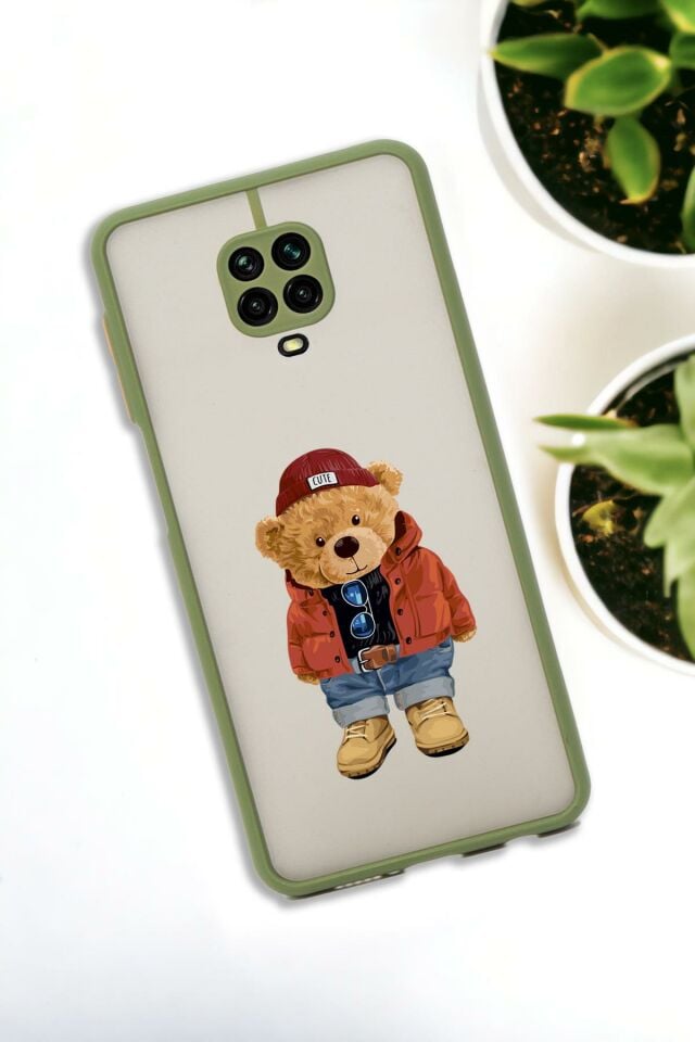 Xiaomi Redmi Note 9 Pro Uyumlu Teddy Bear Desenli Buzlu Şeffaf Lüx Telefon Kılıfı
