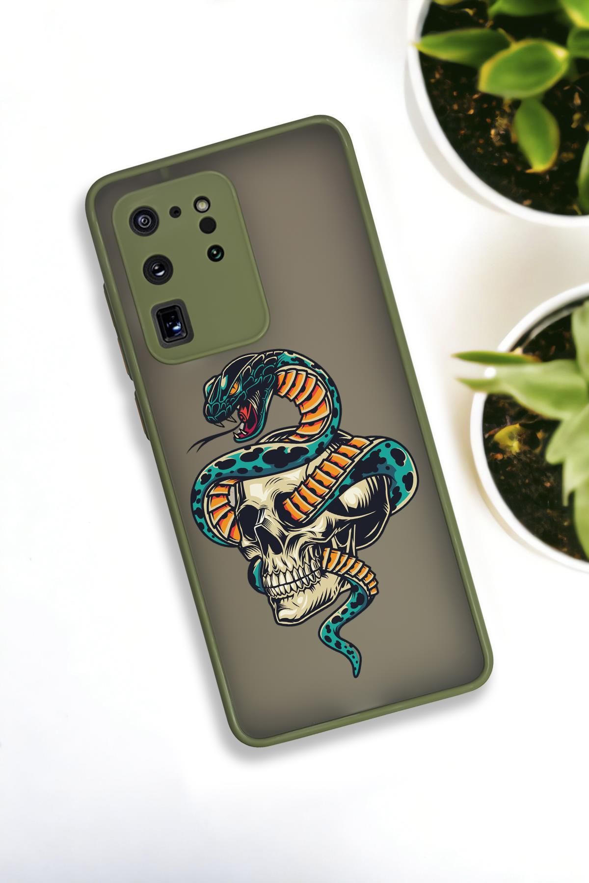 Samsung Galaxy S20 Ultra Uyumlu Skull & Snake Desenli Buzlu Şeffaf Lüx Telefon Kılıfı