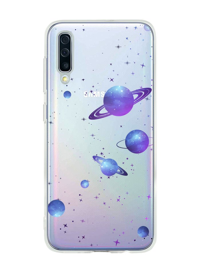 Samsung A50 Galaxy & Stars Desenli Premium Şeffaf Silikon Kılıf