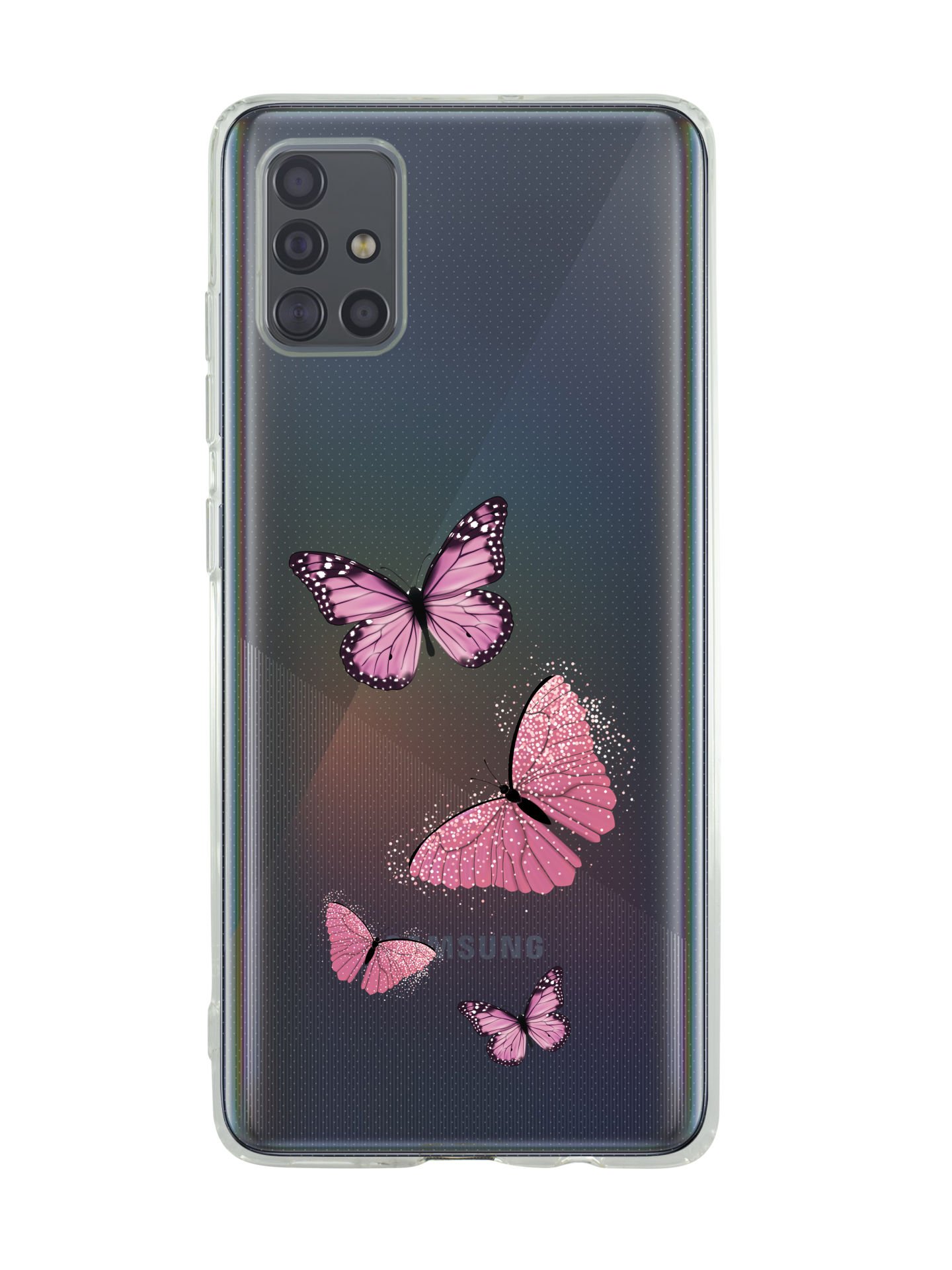 Samsung A71 Pembe Kelebekler Desenli Premium Şeffaf Silikon Kılıf