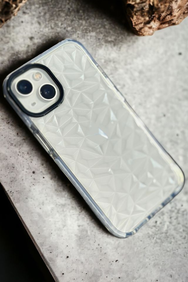 iPhone 13 Uyumlu 3D Prizma Dokulu Beyaz Kenar Detaylı Şeffaf Silikonlu Telefon Kılıfı