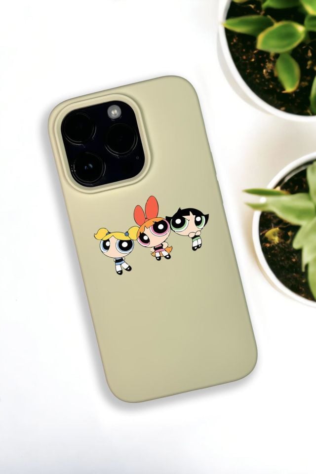 iPhone 14 Pro Uyumlu Powerpuff Girls Desenli Premium Silikonlu Krem Lansman Telefon Kılıfı