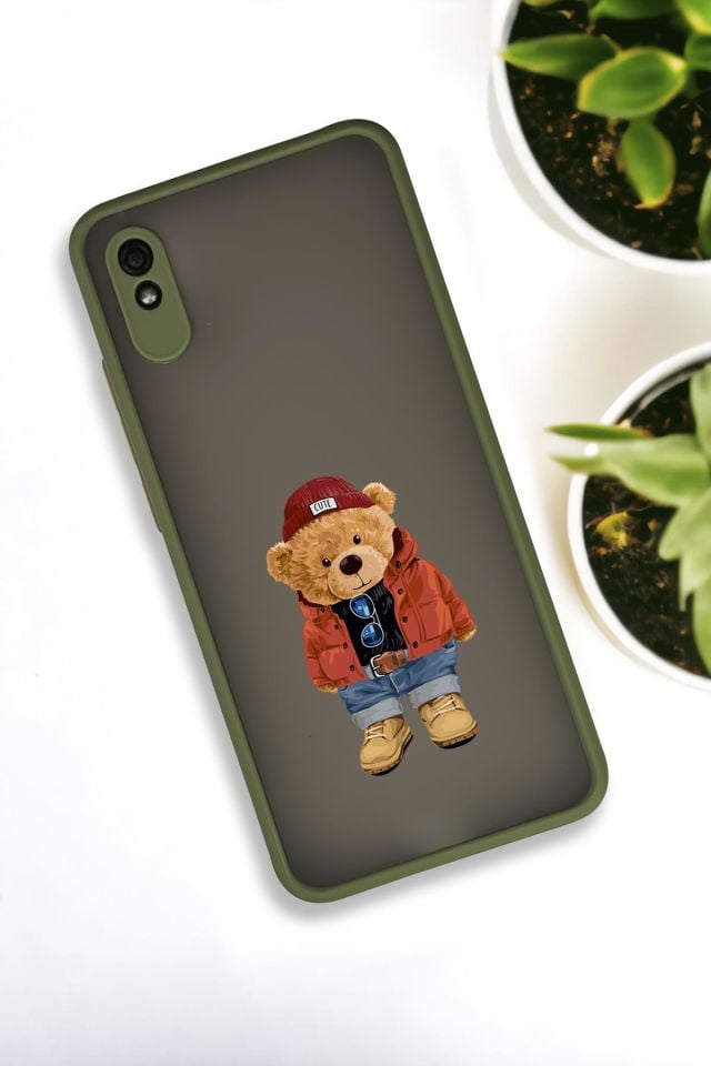 Xiaomi Redmi 9A Uyumlu Teddy Bear Desenli Buzlu Şeffaf Lüx Telefon Kılıfı