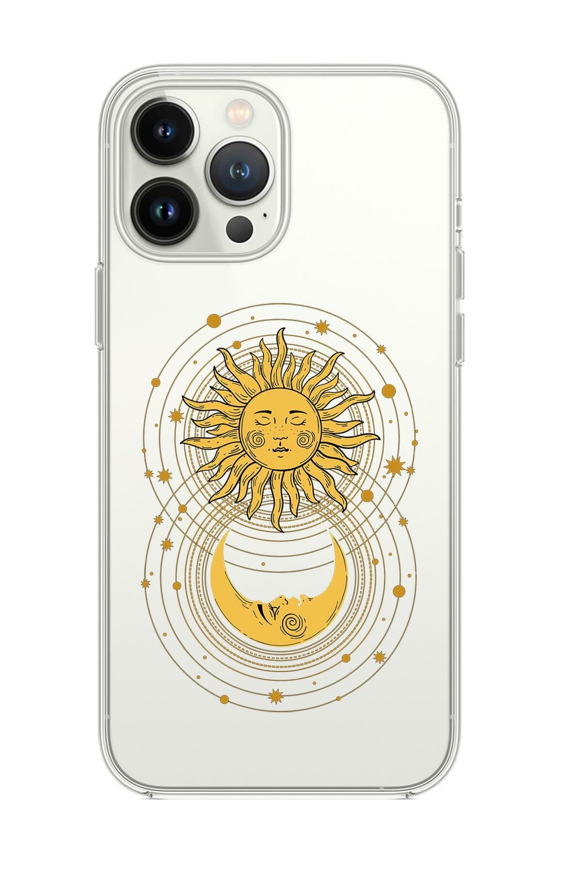 iPhone 14 Pro Uyumlu Moon and Sun Desenli Şeffaf Silikonlu Telefon Kılıfı