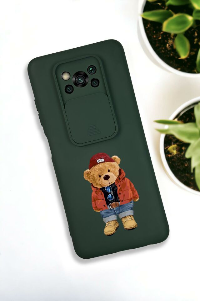 Xiaomi Poco X3 Uyumlu Teddy Bear Desenli Kamera Koruma Slider Kapaklı Silikonlu Telefon Kılıfı