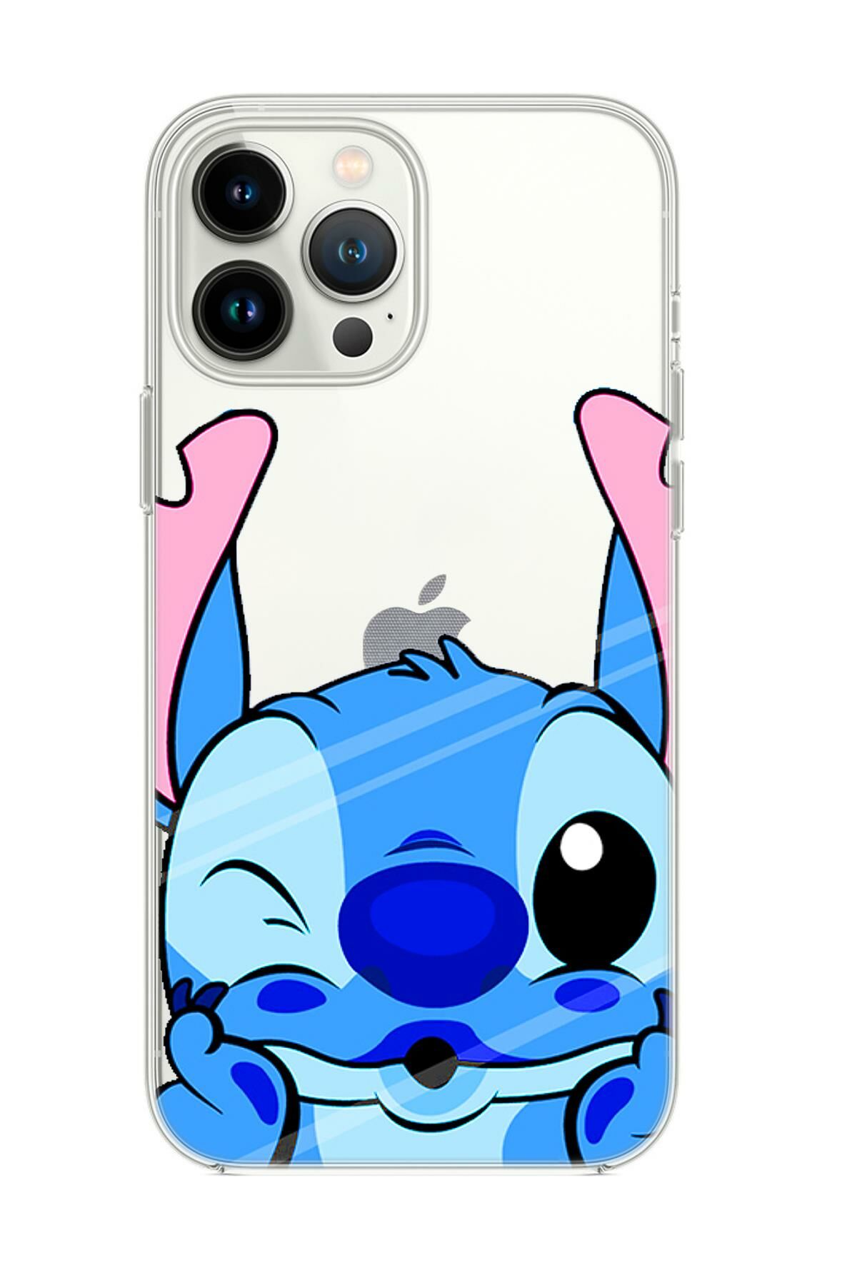 iPhone 14 Pro Uyumlu Stitch Desenli Şeffaf Silikonlu Telefon Kılıfı