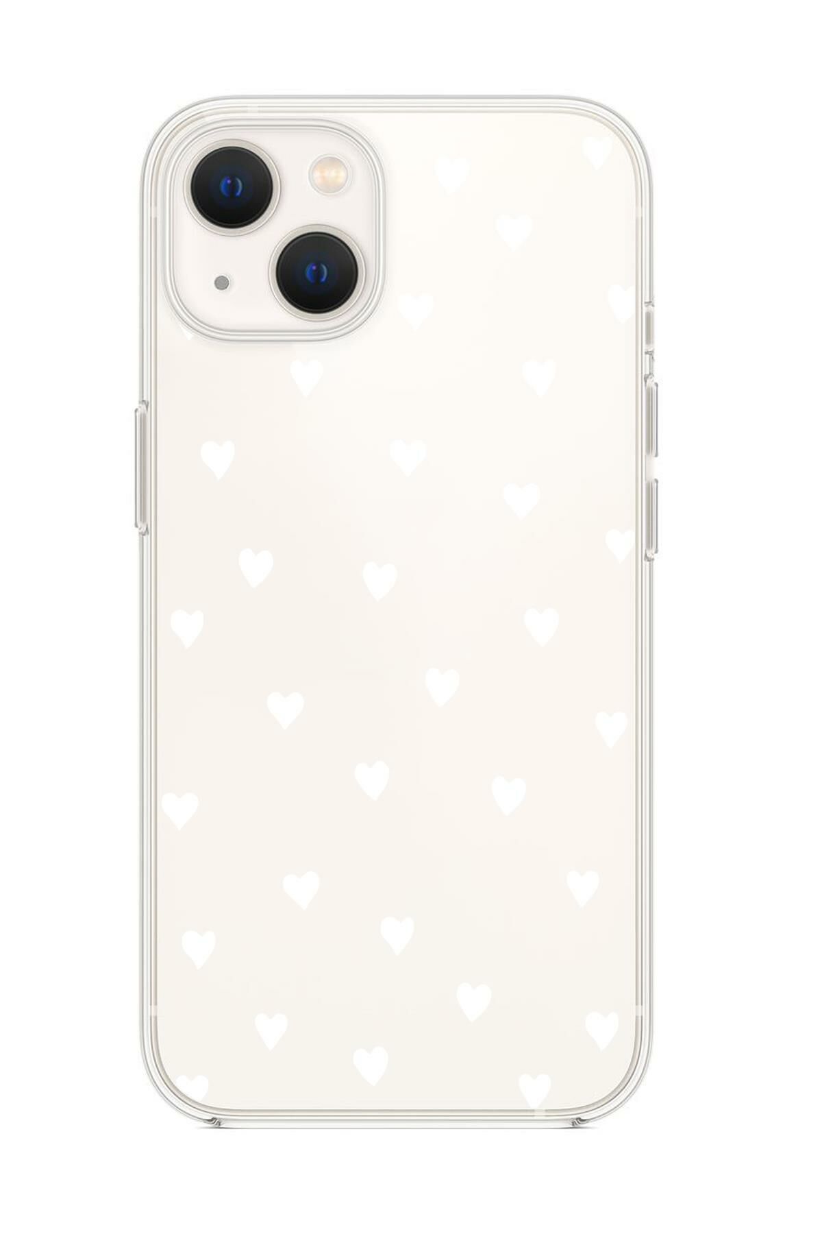 iPhone 13 Mini Uyumlu Beyaz Kalpler Premium Şeffaf Silikon Kılıf