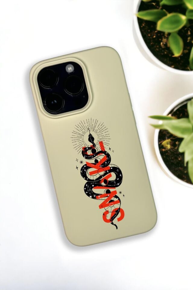 iPhone 14 Pro Uyumlu Snake Desenli Premium Silikonlu Krem Lansman Telefon Kılıfı