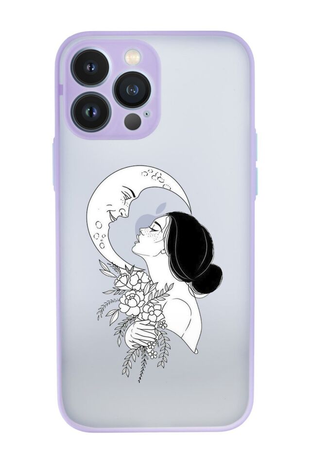 iPhone 13 Pro Uyumlu Moon and Women Desenli Kamera Korumalı Buzlu Şeffaf Lüx Telefon Kılıfı