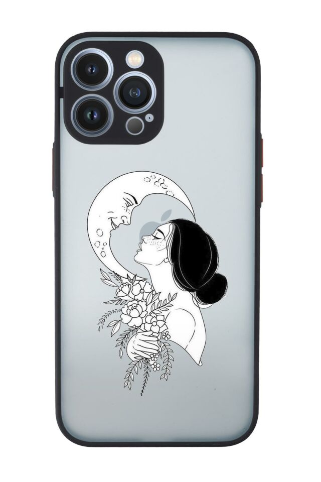 iPhone 13 Pro Uyumlu Moon and Women Desenli Kamera Korumalı Buzlu Şeffaf Lüx Telefon Kılıfı