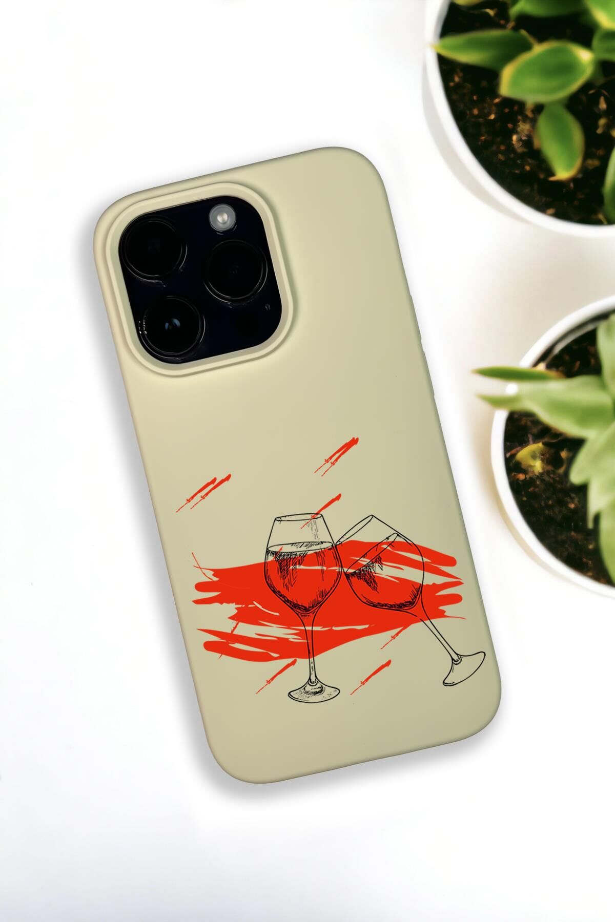 iPhone 14 Pro Max Uyumlu Spilled Wine Desenli Premium Silikonlu Krem Lansman Telefon Kılıfı
