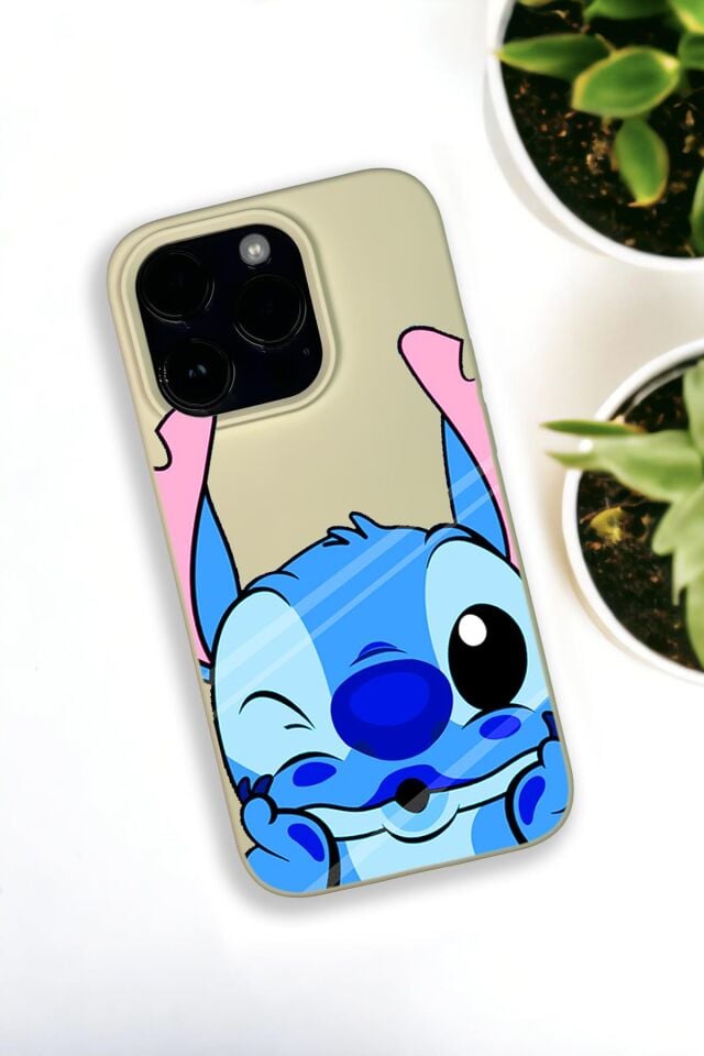 iPhone 14 Pro Uyumlu Stitch Desenli Premium Silikonlu Krem Lansman Telefon Kılıfı