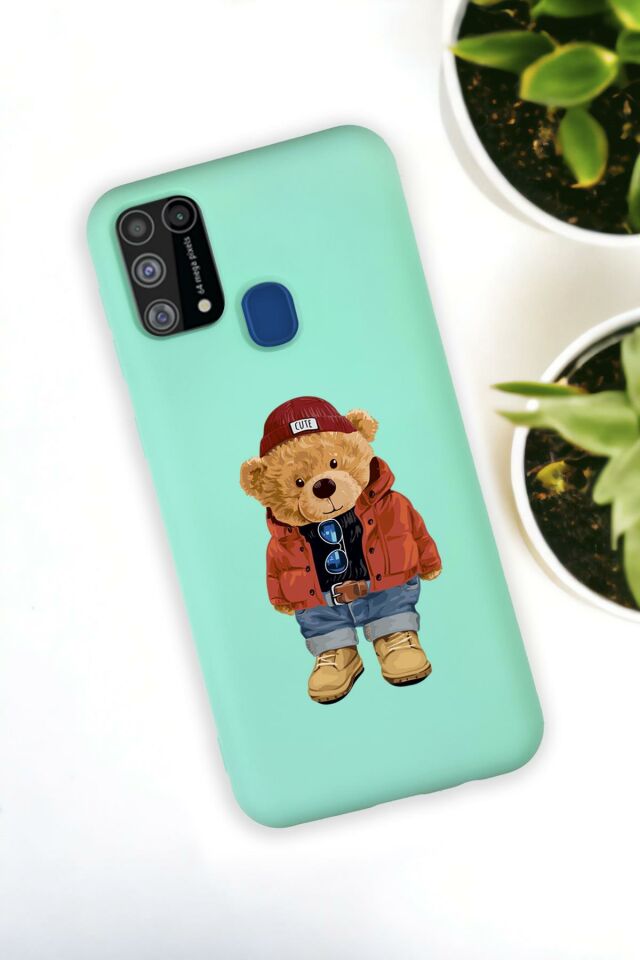 Samsung Galaxy M21 Uyumlu Teddy Bear Desenli Premium Silikonlu Lansman Telefon Kılıfı