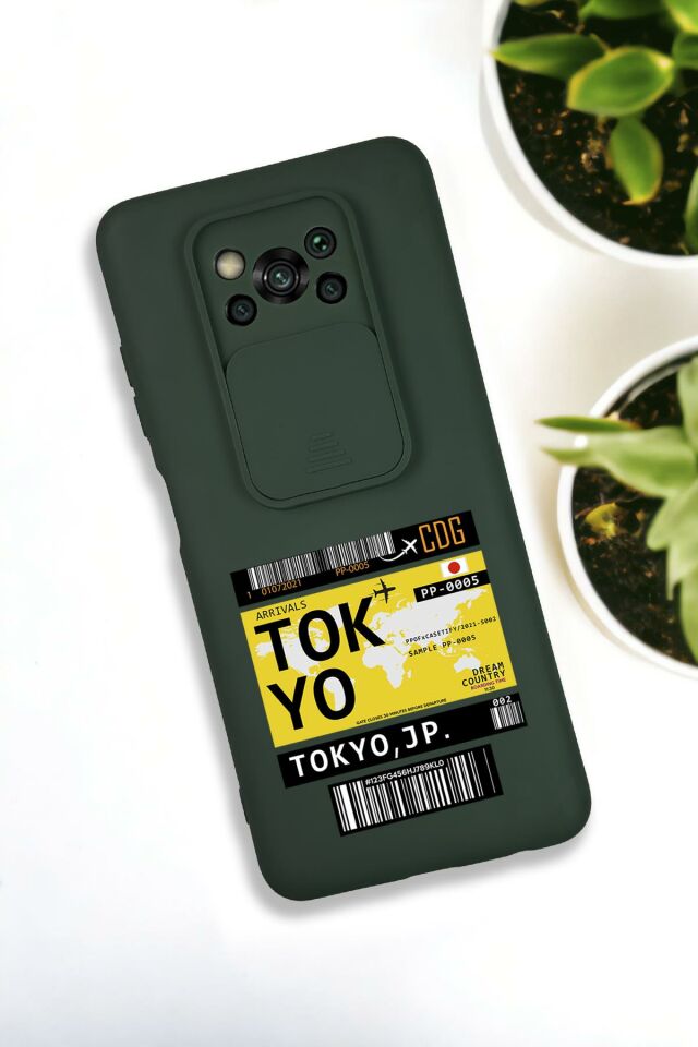 Xiaomi Poco X3 Uyumlu Tokyo Ticket Desenli Kamera Koruma Slider Kapaklı Silikonlu Telefon Kılıfı