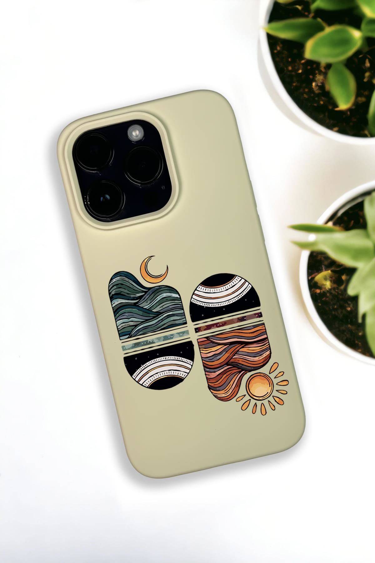 iPhone 14 Pro Max Uyumlu Sunset Desenli Premium Silikonlu Krem Lansman Telefon Kılıfı