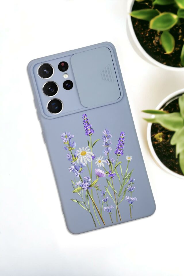 Samsung S21 Ultra Uyumlu Lavender Desenli Kamera Koruma Slider Kapaklı Silikonlu Telefon Kılıfı