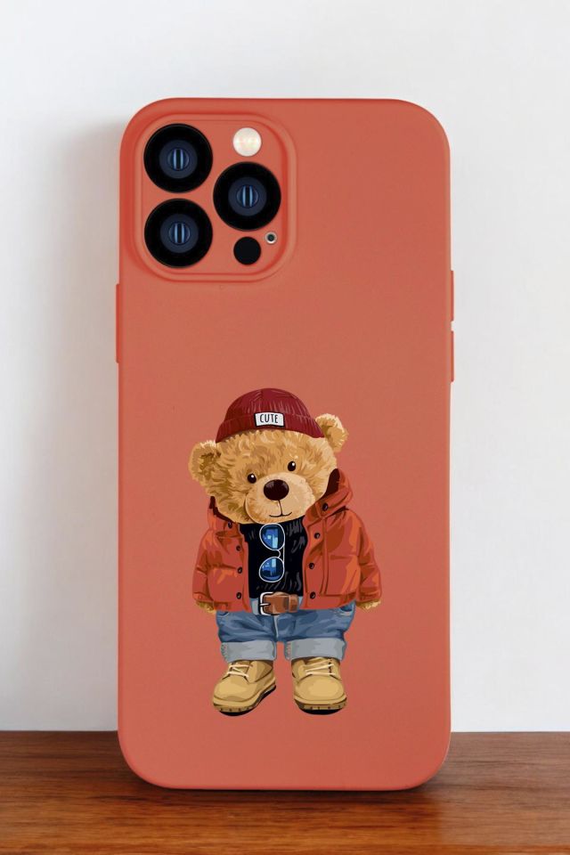 Turuncu Renkli iPhone 13 Pro Max Uyumlu Teddy Bear Desenli Premium Silikonlu Telefon Kılıfı