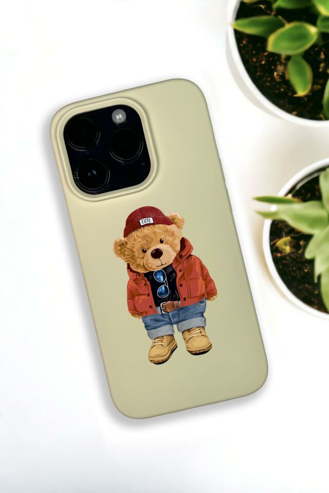 iPhone 14 Pro Uyumlu Teddy Bear Desenli Premium Silikonlu Krem Lansman Telefon Kılıfı