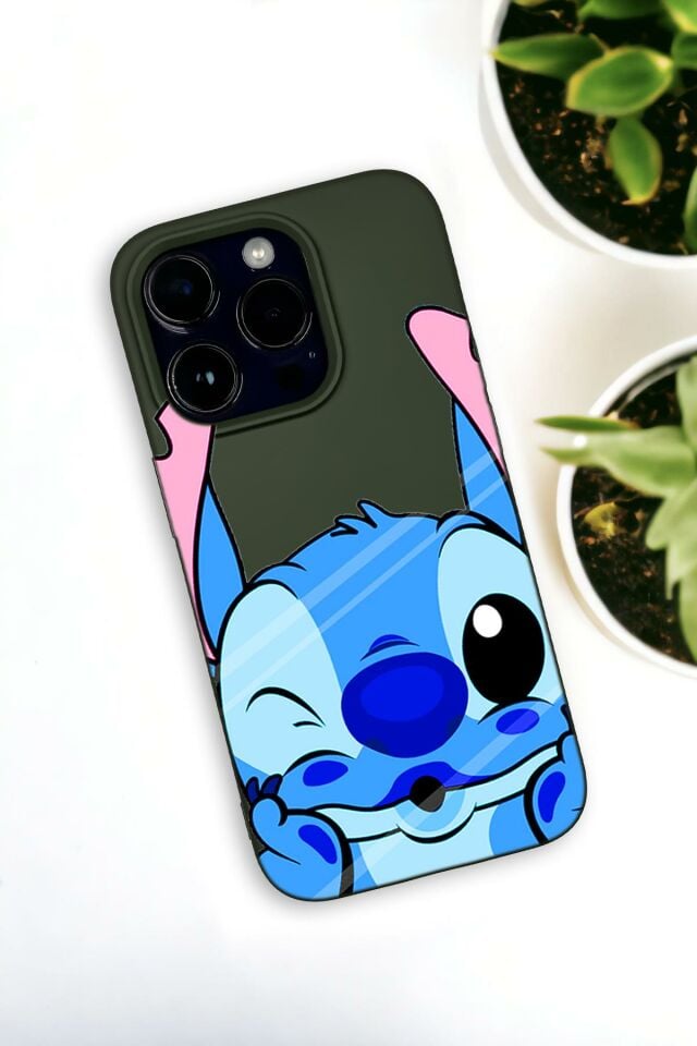 iPhone 14 Pro Uyumlu Stitch Desenli Premium Silikonlu Haki Lansman Telefon Kılıfı