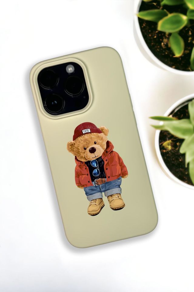 iPhone 14 Pro Max Uyumlu Teddy Bear Desenli Premium Silikonlu Krem Lansman Telefon Kılıfı