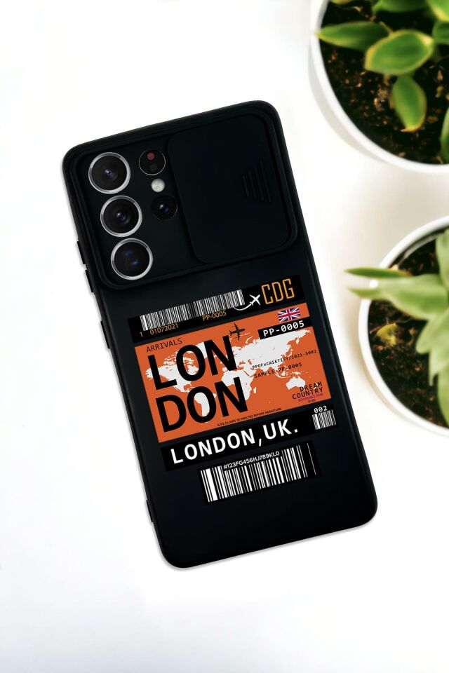 Samsung S21 Ultra Uyumlu London Yaprak Desenli Kamera Koruma Slider Kapaklı Silikonlu Telefon Kılıfı
