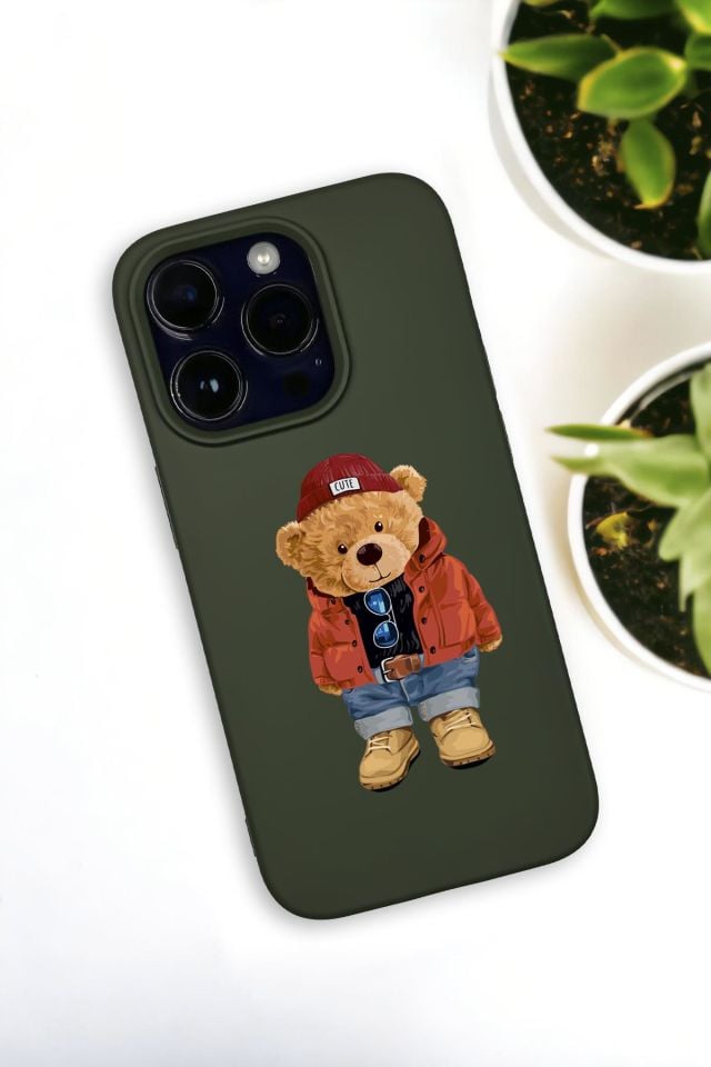 iPhone 14 Pro Uyumlu Teddy Bear Desenli Premium Silikonlu Haki Lansman Telefon Kılıfı