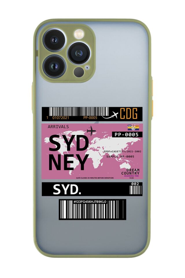 iPhone 13 Pro Max Uyumlu Sydney Ticket Desenli Kamera Korumalı Buzlu Şeffaf Lüx Telefon Kılıfı