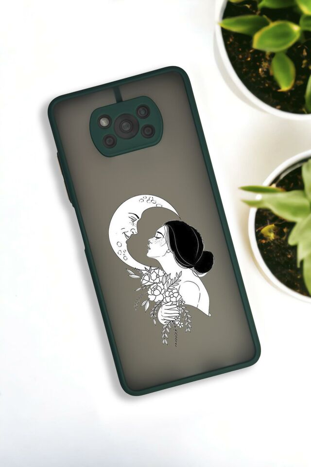 Xiaomi Poco X3 Uyumlu Moon and Women Desenli Buzlu Şeffaf Lüx Telefon Kılıfı